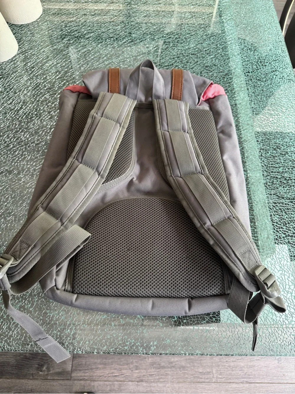 Herschel Supply Company Gray Backpack with Brown Straps and Pink Accents